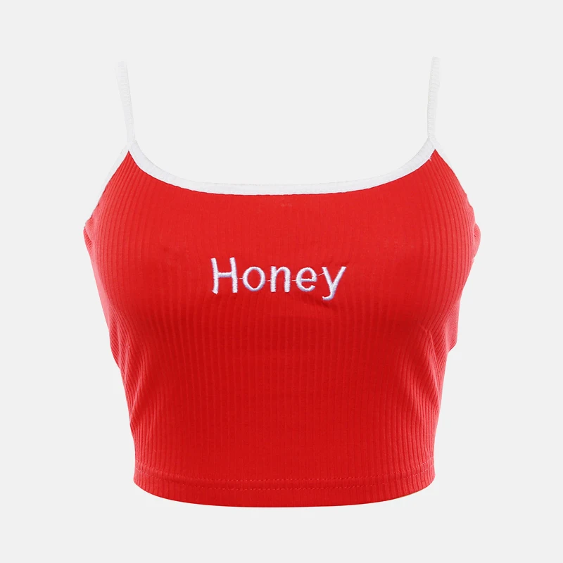 Кроп топ женский с вышивкой надписью Honey пикантная майка на бретелях укороченная