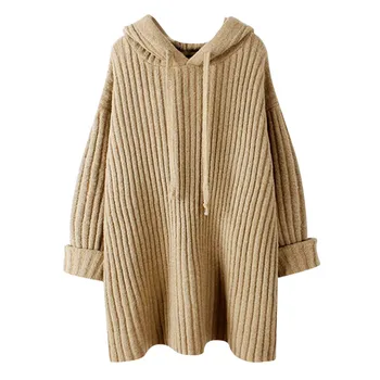 

Women Sweater Ladies Long Sleeve Casual Solid Autumn And Winter Versatile Loose Knit Hooded Jacket Thick Fashion Sweater #45