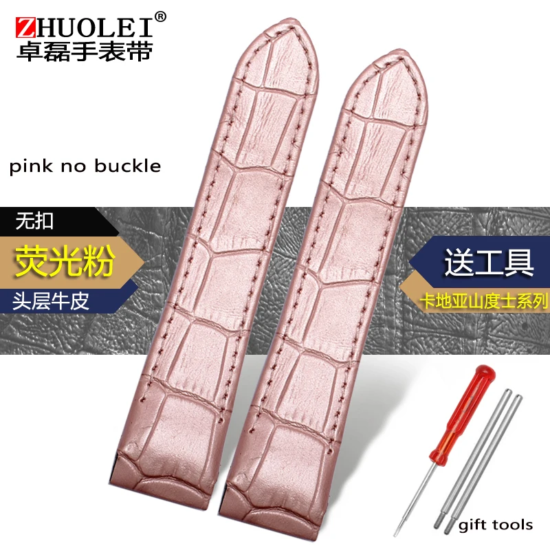 20MM 23MM Crocodile-pattern cowhide strap with butterfly buckle for Cartier Santos men's and women's leather strap - Цвет ремешка: pink no buckle