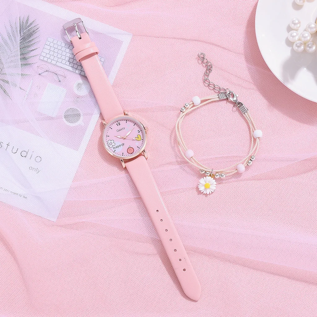 Kids Watches Pink Cute Children's Wristwatch Cartoon Pattern Quartz Watch Set For Girls Fashion Students' Clock relogio infantil