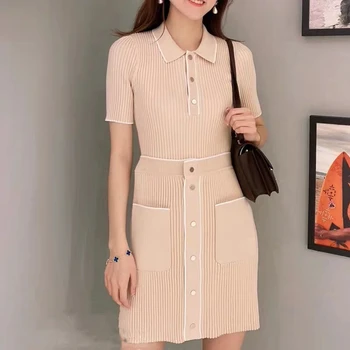 

Spring / Summer 2020 New turndown collar Short Sleeve Button-up Half-open Chest Knit Top + Breasted Skirt Set