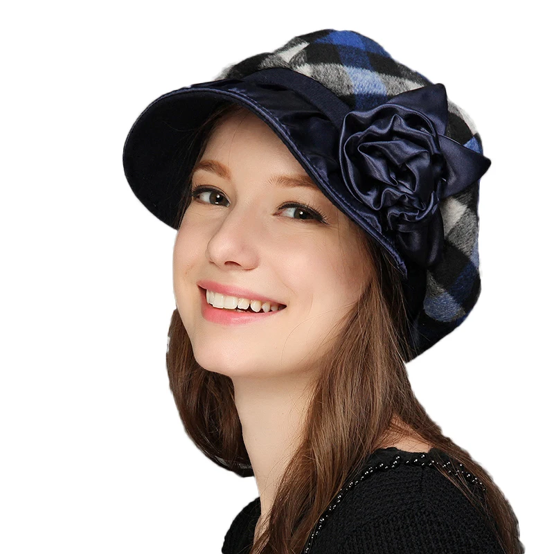 Blue White beret FS Женская шерстяная зимняя теплая восьмиугольная кепка, винтажная клетчатая кепка Newsboy, Женская Повседневная Осенняя шерстяная береты, шапка для женщин, шапка для художника s - Цвет: Blue White beret
