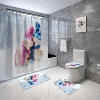 

Christmas Snowman Print Bathroom Combination Set Shower Curtain Bath Mat Lid Toilet Cover Toilet Pedestal Rug 4-Piece