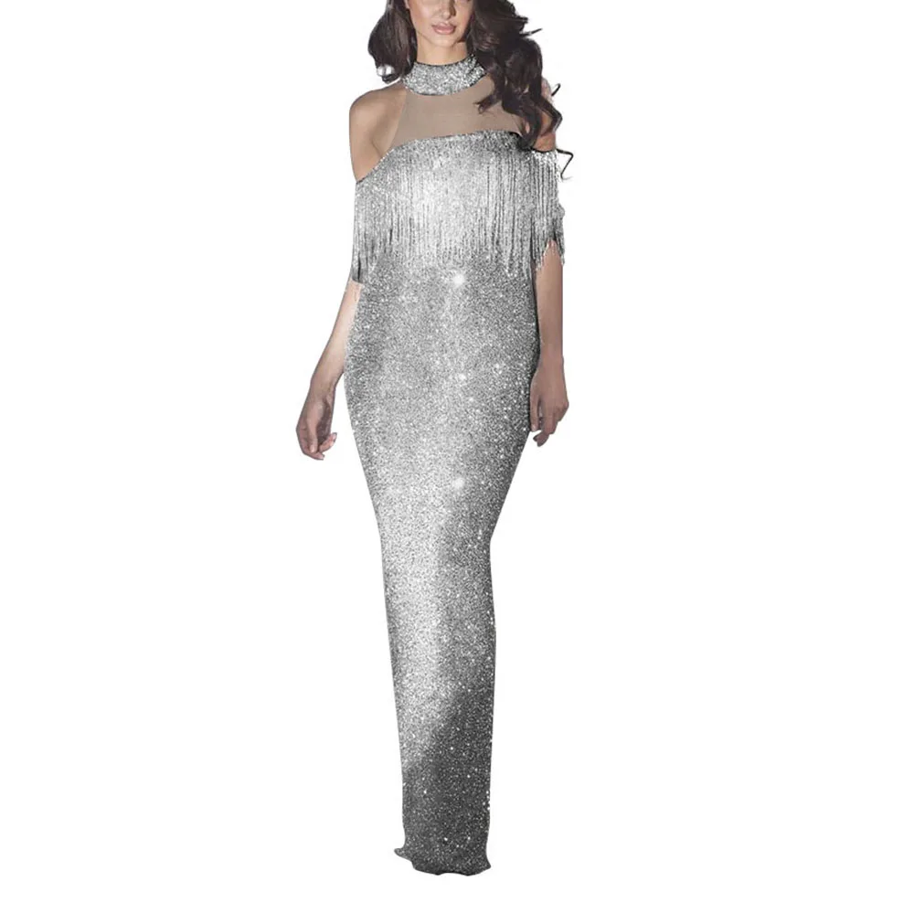 Женское платье Vestidos, Сетчатое, с разрезом, на бедрах, платье, сверкающая бахрома, темперамент, элегантное, висящее на шее, без бретелек, вечерние, женское платье