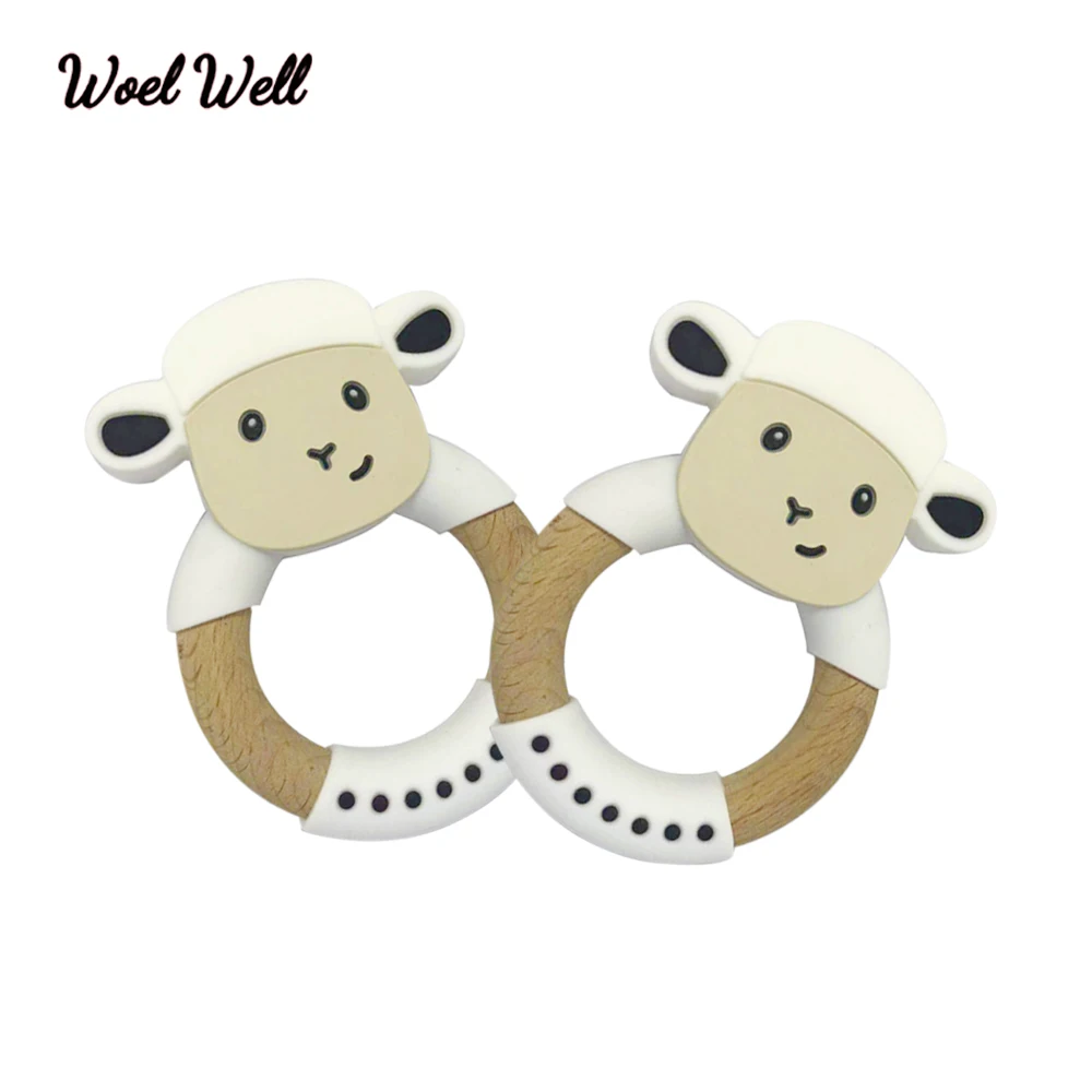 

Woel Well1pcs BPA Free Silicone Wooden Ring Cow elephant Animal Shape Teether Pendant Necklace DIY Baby Chew Toy Infant Gift
