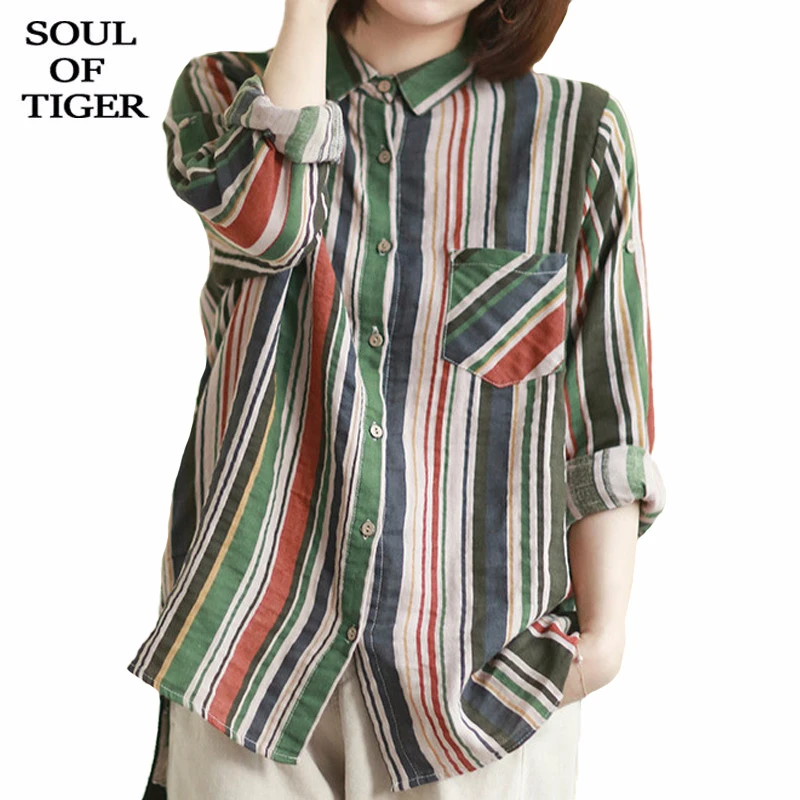 

SOUL OF TIGER 2020 Spring Korean Fashion Style Ladies Vintage Tops Womens Striped Printed Shirts Casual Linen Blouses Plus Size
