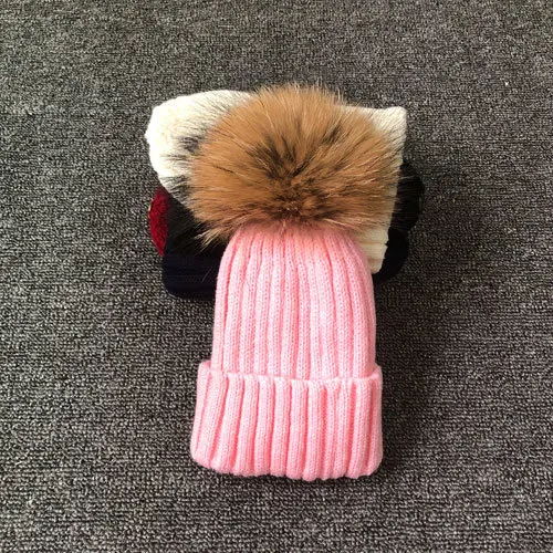 pink Стиль, модные зимние Весенние шапки для детей, шапка Skullies Beanies 15 см, меховая шапка с помпоном для девочек, шапка, шапка enfant - Цвет: pink