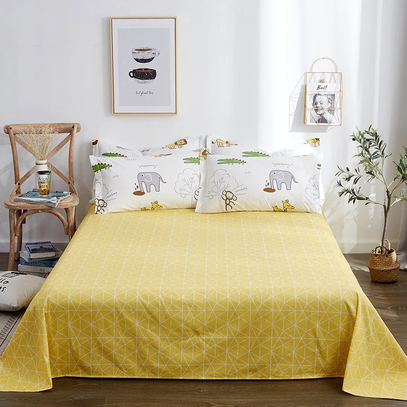 

New Yellow Geometric Pattern Bed Sheet 1pc 100% Cotton Flat Sheet Solid Color Mattress Protector Cover Twin Full Queen King Size
