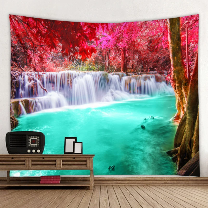 Beautiful nature waterfall tapestry forest print seascape hippie wall hanging bohemian wall tapestry mandala wall decoration 2