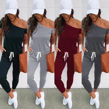 

LOSSKY Summer Sexy Women's Casual Off Shoulder Jumpsuits 2020 Women High Waist Bodycon Short Sleeve Jumpsuit Romper Trousers