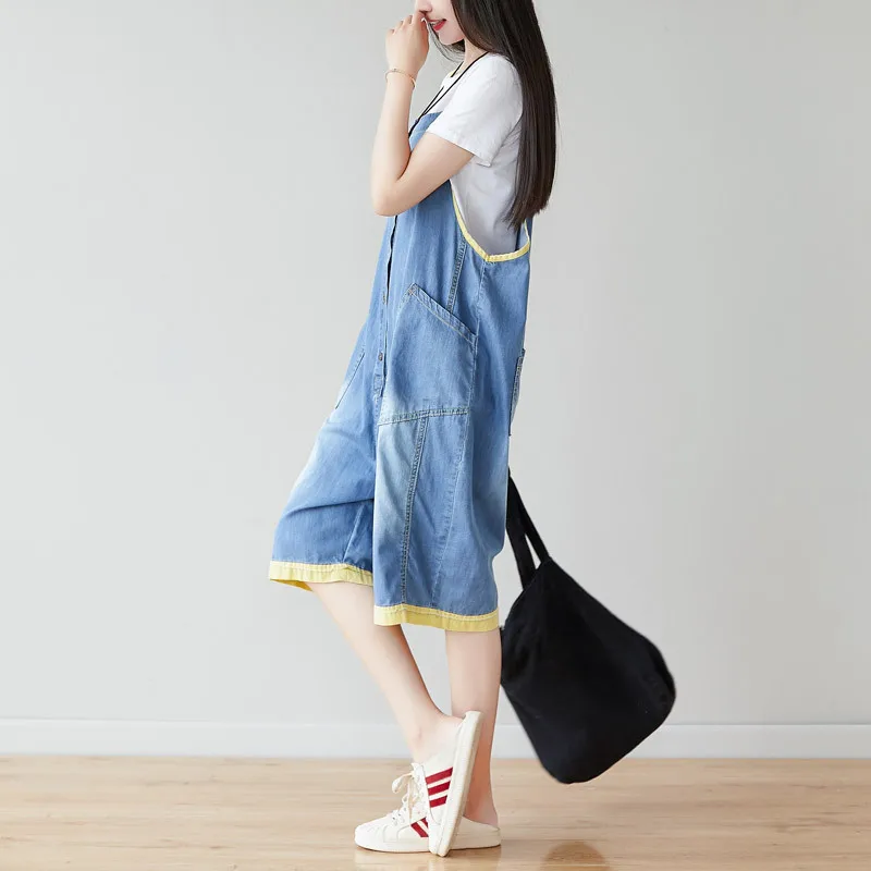 Женская летняя отбеленная джинсовая ткань до колена Комбинезоны женские Свободные Лоскутные Комбинезоны для девочек повседневные джинсы больших размеров