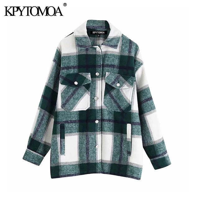 US $17.19 Vintage Stylish Pockets Oversized Plaid Jacket Coat Women 2020 Fashion Lapel Collar Long Sleeve Loo
