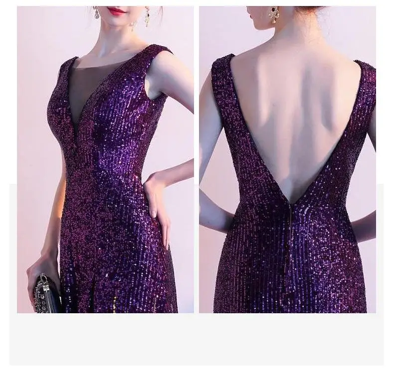 Robe De Soiree, милое фиолетовое вечернее платье с блестками, Длинное Элегантное Черное Платье для банкета и выпускного вечера, светоотражающее платье