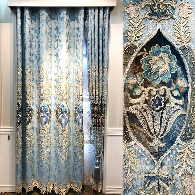 

European Style Curtains Luxury Blue Embroidered Curtains Tulle Finished Curtains for Living Dining Room Bedroom