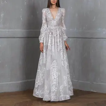 

Women Party Long Dress Sexy Club V Neck Maxi White Dress Elegant Lace A Line Long Sleeve Dress