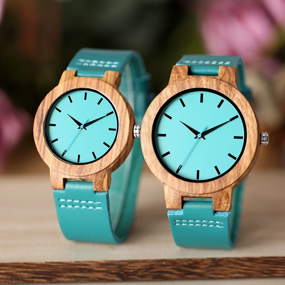 Turquoise Blue Women's Quartz Wooden Watch with Leather Band - Modern Bamboo Fashion Timepiece