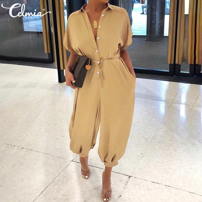 

Celmia Combinaison Rompers Women Retro Jumpsuits Short Sleeve Cargo Pants Button Casual Loose Harem Trousers Plus Size Overalls