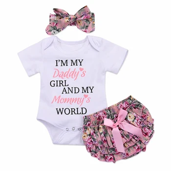

Summer Baby Girl Clothes Set + Headband Short Sleeve Letter Print Romper Tops Floral Briefs Shorts Outfits Set 0-2Y 3Pcs