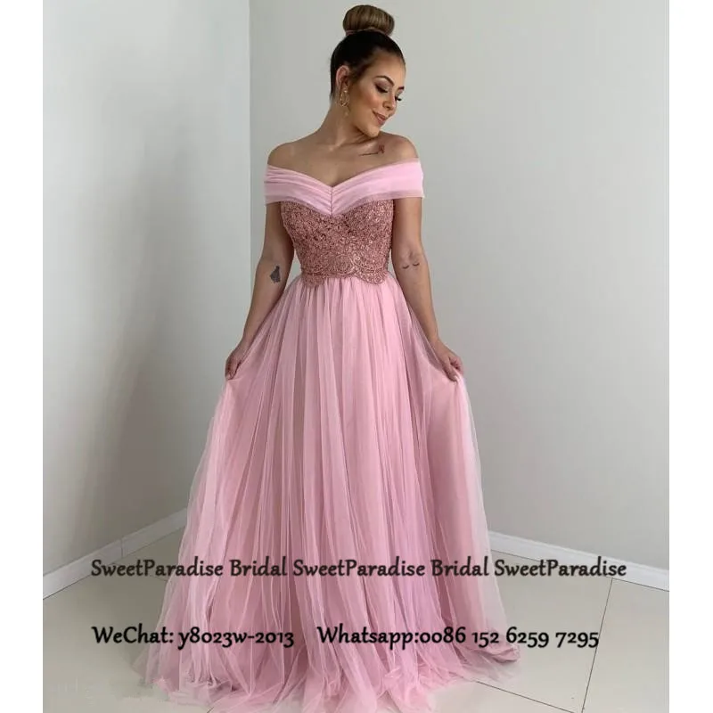 Розовые с открытыми плечами длинные платья для выпускного вечера с кружевным верхом и тюлевой юбкой трапециевидные вечерние платья для женщин