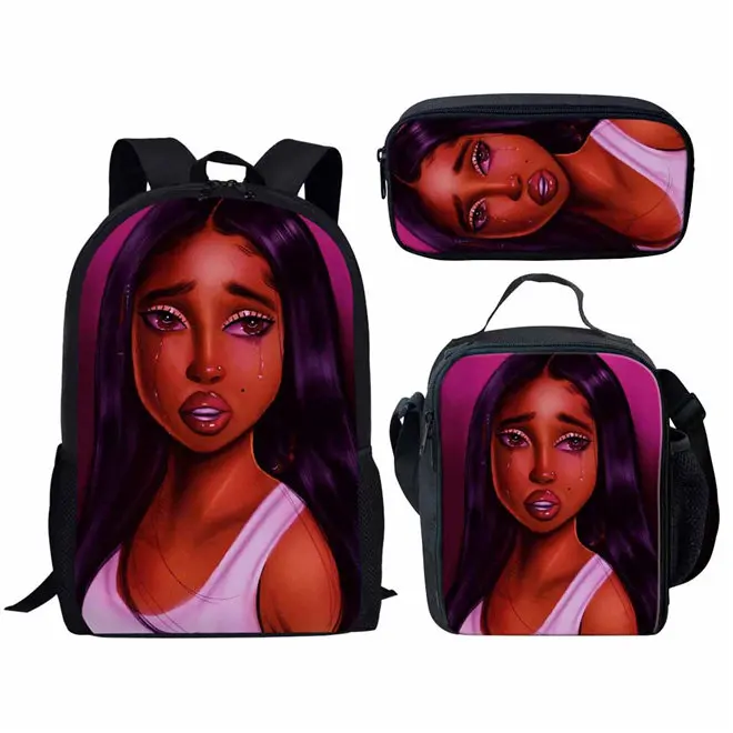 WHEREISART Kids Backpack Girls for School Black Art African Girls Design Bagpack Children 3pcs/set Schoolbag Bookbag Mochila - Цвет: YQ4593CGK