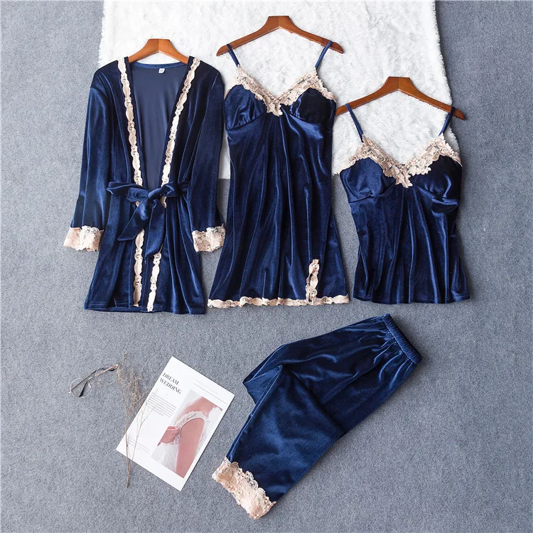 2 Cami& Pants& Robe, одежда для сна, Осенний теплый пижамный комплект, женская домашняя одежда, бархатное интимное белье, Повседневная Пижама, ночное белье, 4 шт - Цвет: 2