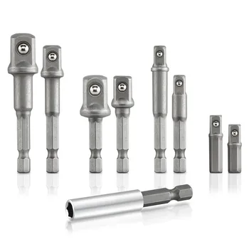 

Hex Shank to Square Drive Socket Adapter Bit Bar Set, 9 Pieces | CR-V 1/4, 3/8, 1/2-inch Drive