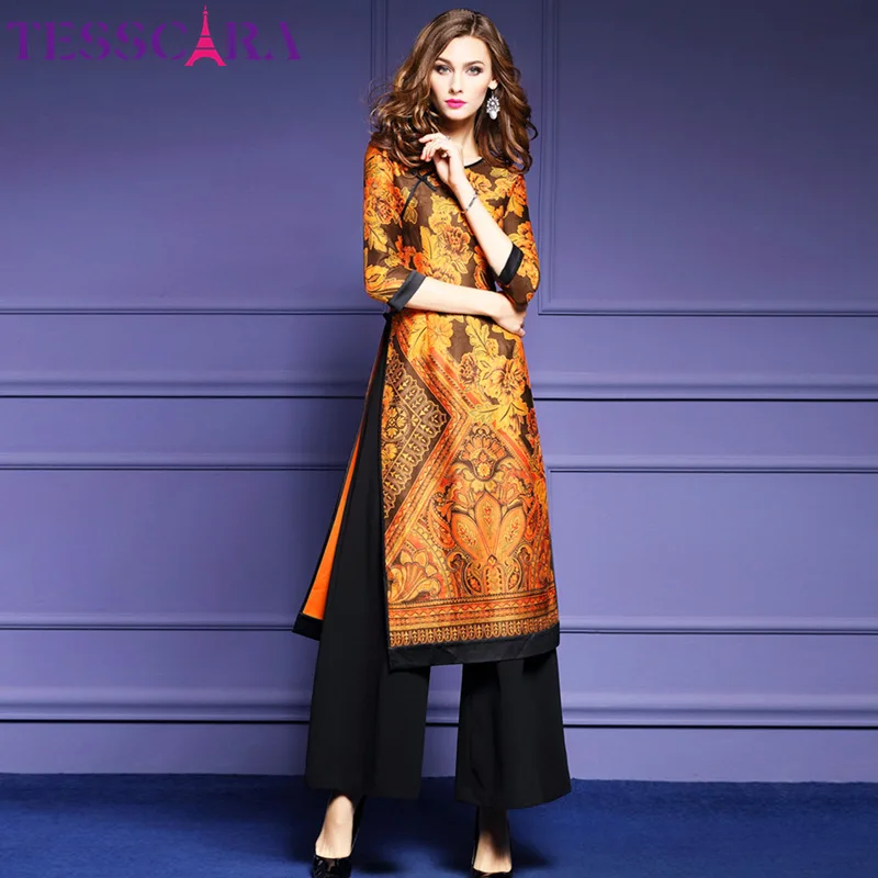 Orange TESSCARA, женское осеннее и зимнее модное платье, костюм, набор, Женский Повседневный костюм из двух частей, винтажный принт, дизайнерское длинное платье и штаны - Цвет: Orange