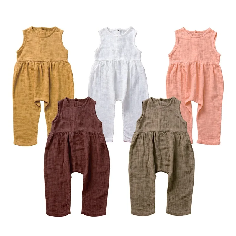 

2020 New Summer Solid Rompers Newborn Infant Baby Girl Boy Outfit Linen Cotton Romper Jumpsuit Kids Sleevless Casual Clothes Set