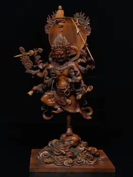 

12 China Lucky Seikos Boxwood Three heads Six arms Mahakala statue Six Armed Black Mahakala Gonpo Shiva Hand holding instruments
