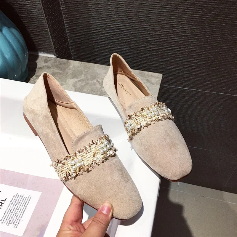 

2020 Women Comfortable Suede Flat Shoes Female Casual Lady Work Ballet Flats Pearls Flock Suqare Toe Flats Shoes Mocasines Mujer
