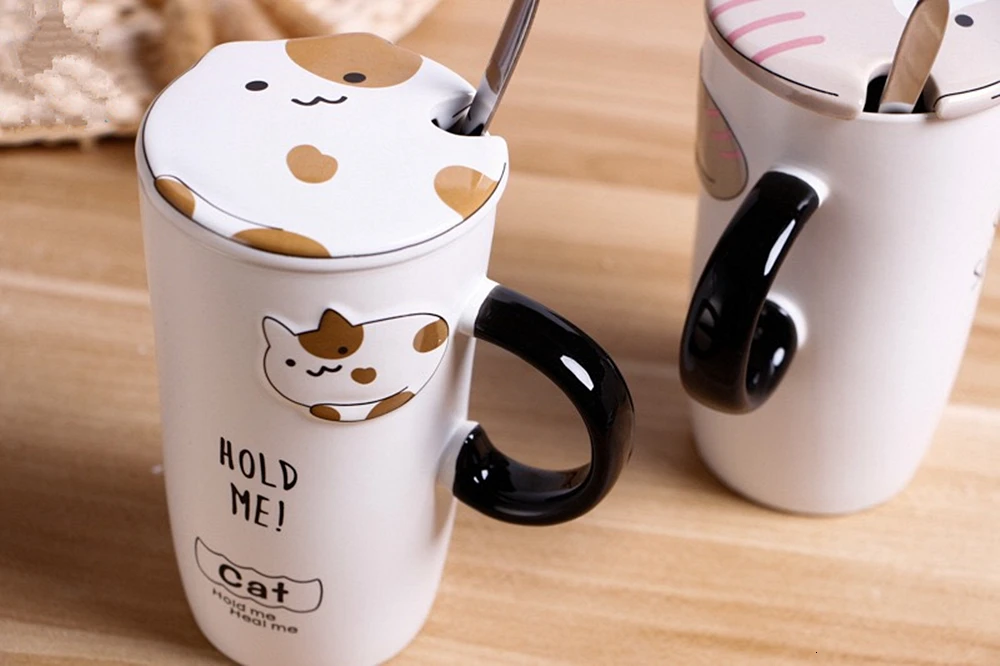Cute Cat Ceramics Coffee Mug With Lid Large Capacity Animal Mugs creative Drinkware Coffee Tea Cups Novelty Gifts milk cup (7)