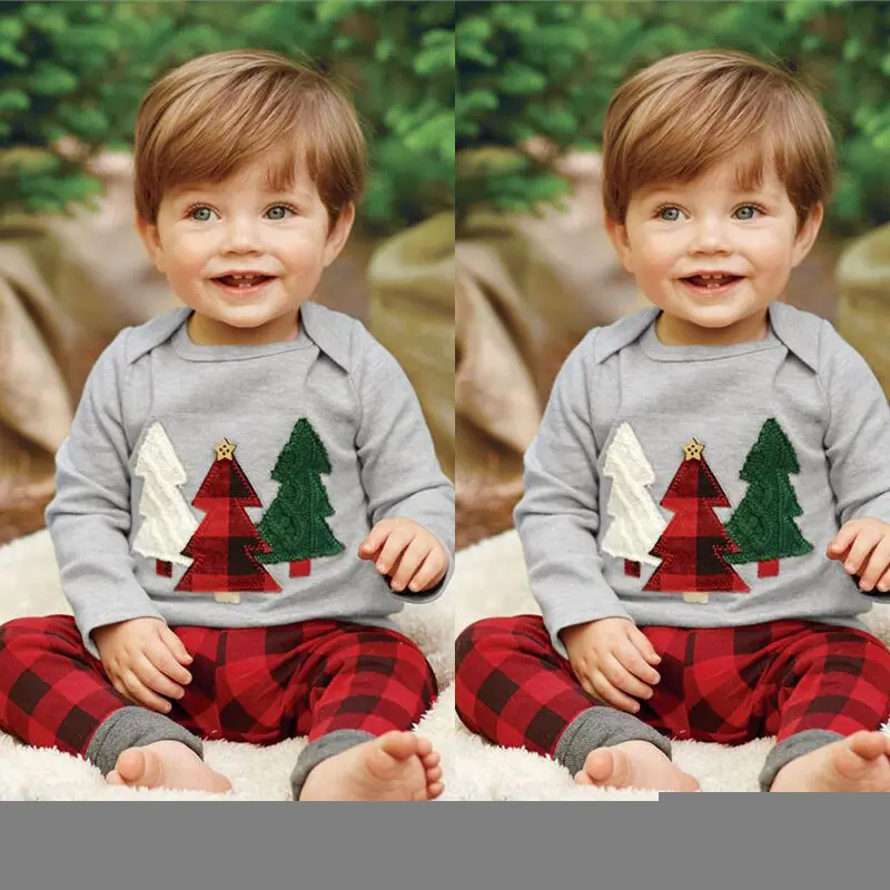 Г. Весенне-осенняя одежда для малышей Одежда для маленьких мальчиков и девочек футболка с рождественской елкой топы, штаны в клетку Рождественский комплект От 1 до 6 лет