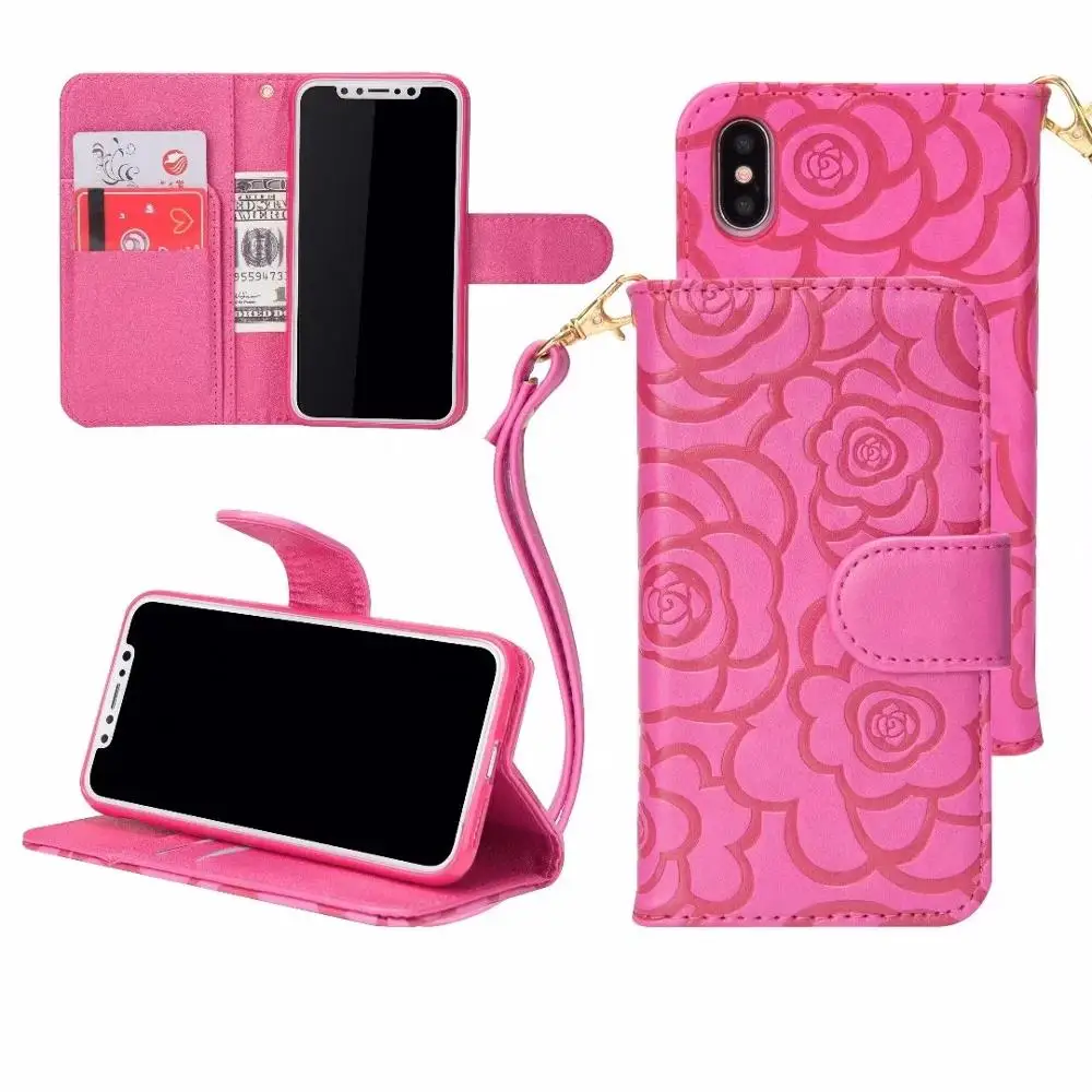 

Fashion Embossed Camellia Flower Card Slot Handbag Flip Wallet Leather Case Cover For iPhone 11 Pro Max XS Max XR X 8 7 6S Plus