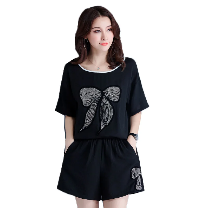 

2 Pcs Sets Summer Sets 5XLPlus Size Women Ladies Suit Short Sleeve Backless T-shirt Tops & Wide Leg Shorts Sets Black K283 2020