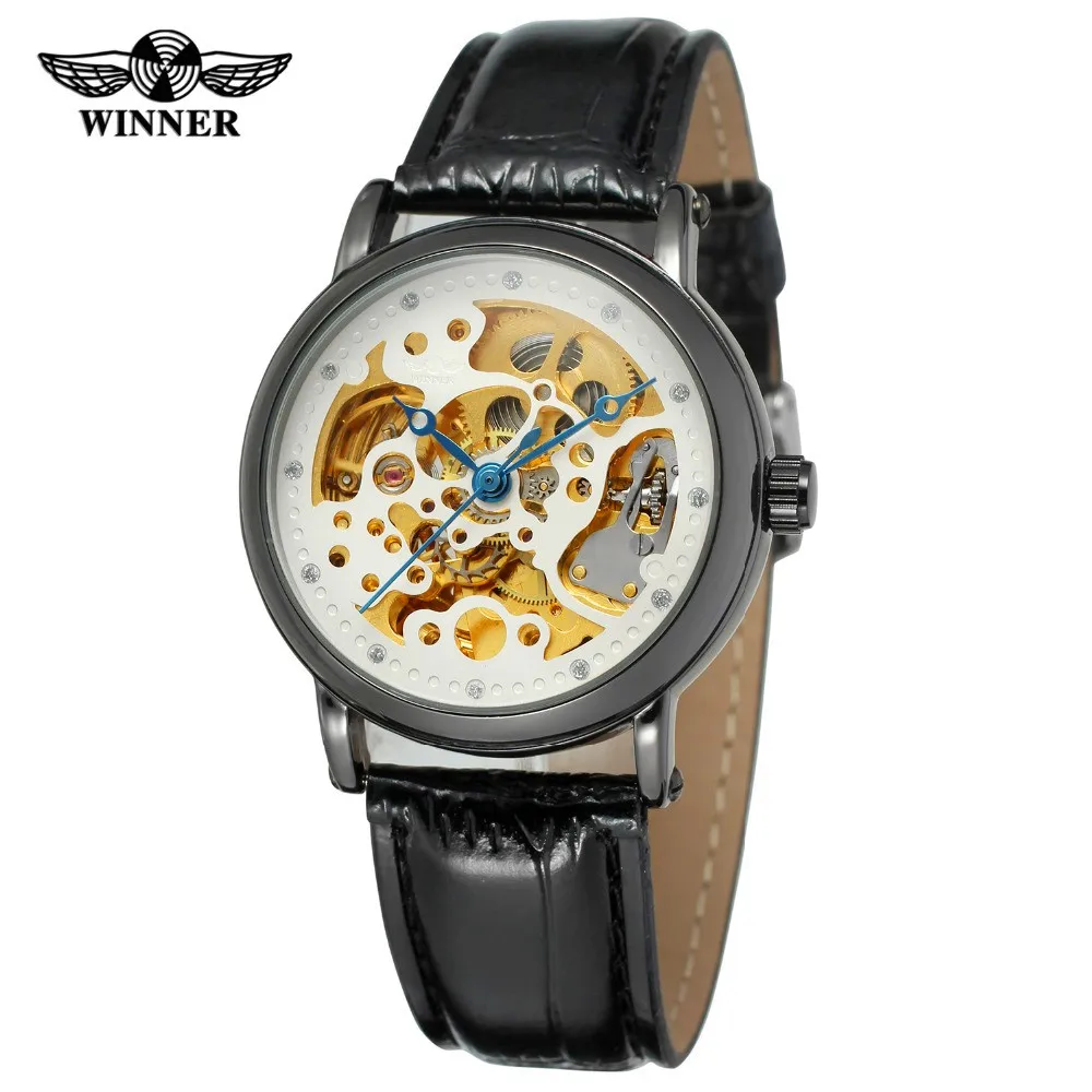 

Fashion WINNER Men Brand See Through Skeleton Leather Strap Watch Mechanical Hand Wind Wristwatch Gift Box Relogio Releges 2016