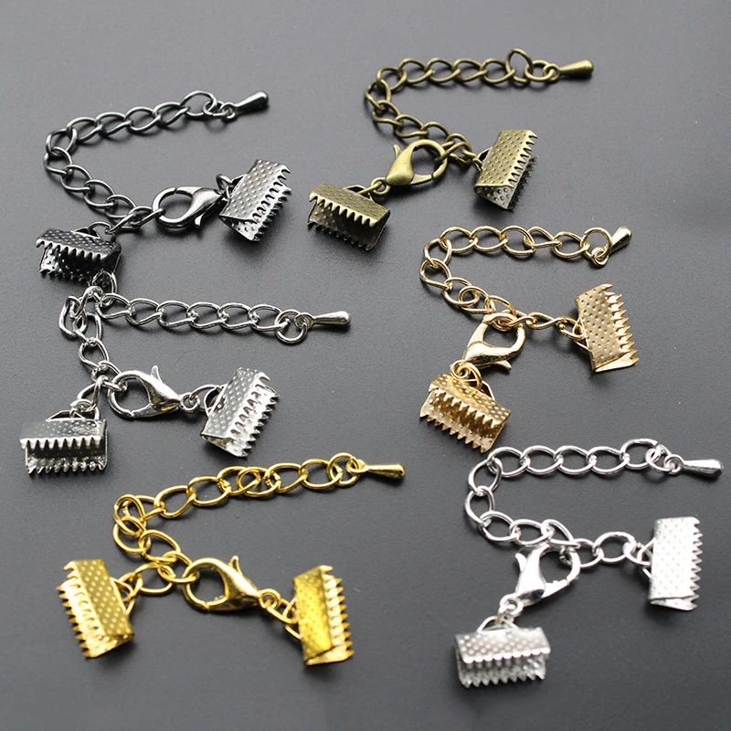 

10set/lot Ribbon Leather Cord End Fastener Clasps With Chains Lobster Clasps Connectors For Bracelet Diy Jewelry Making Findings