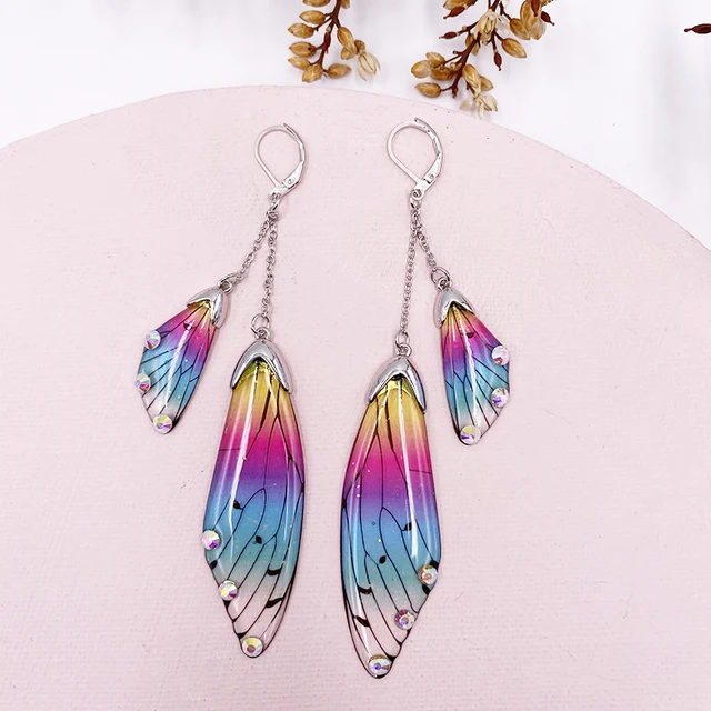 Fairy Resin Butterfly Earrings for Women Shining Crystal Flake Double Wing Long Drop Earrings Ladies Wedding Party Jewelry 2020 Silver-Rainbow