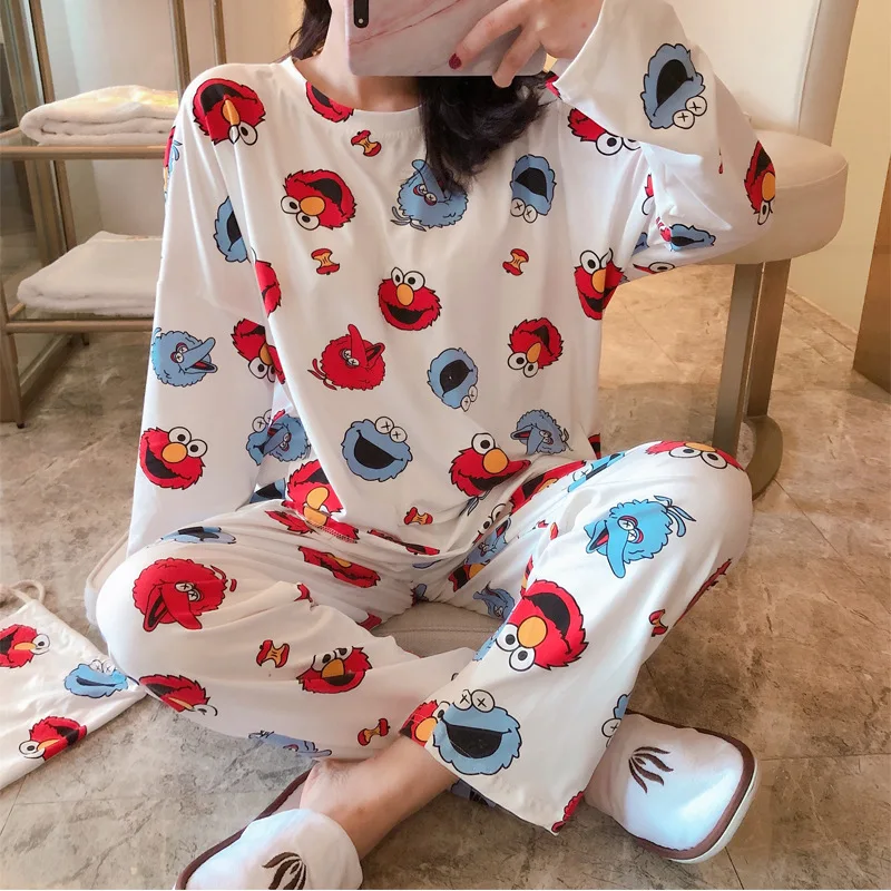 

Pajamas Women's Spring And Autumn Long Sleeve Korean-style Fresh Students Cute Sesame Street Two-Piece Set Sweet-Outer Wear Trac