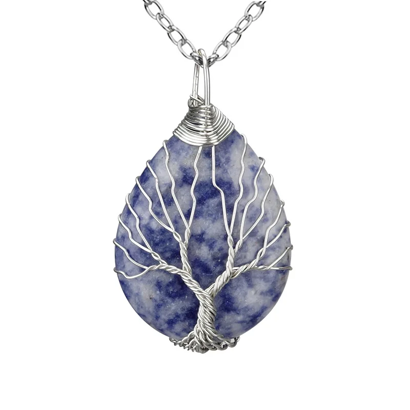 Lapis lazuli-B Подвеска в виде капли воды, древо жизни, ожерелье, серебряный цвет, Проволочная обертка, чакра, черный оникс, опал, камень, кулон для женщин и мужчин, ювелирные изделия рейки - Окраска металла: Lapis lazuli-B