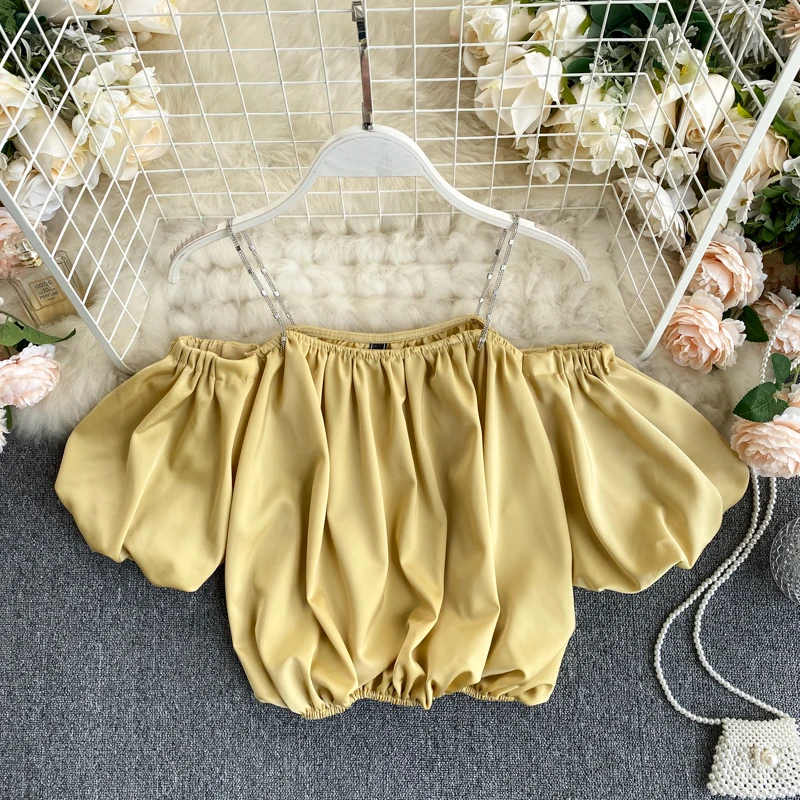 

Summer Blouse Woman 2020 New Female Chain Sling Slash Collar Off Shoulder Puffed Sleeves Short Satin Blouse Shirt Ladies Tops