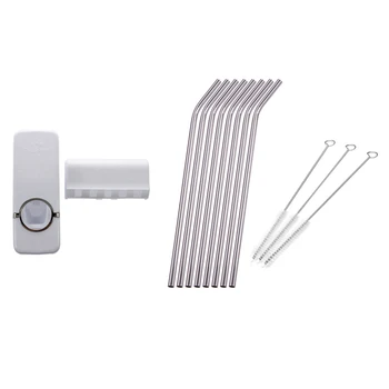 

2 Set Accessories: 1 Set Reusable Drinking Straw Stainless Steel Straw with 3 Cleaner Brush & 1 Set Automatic Toothpaste Dispens