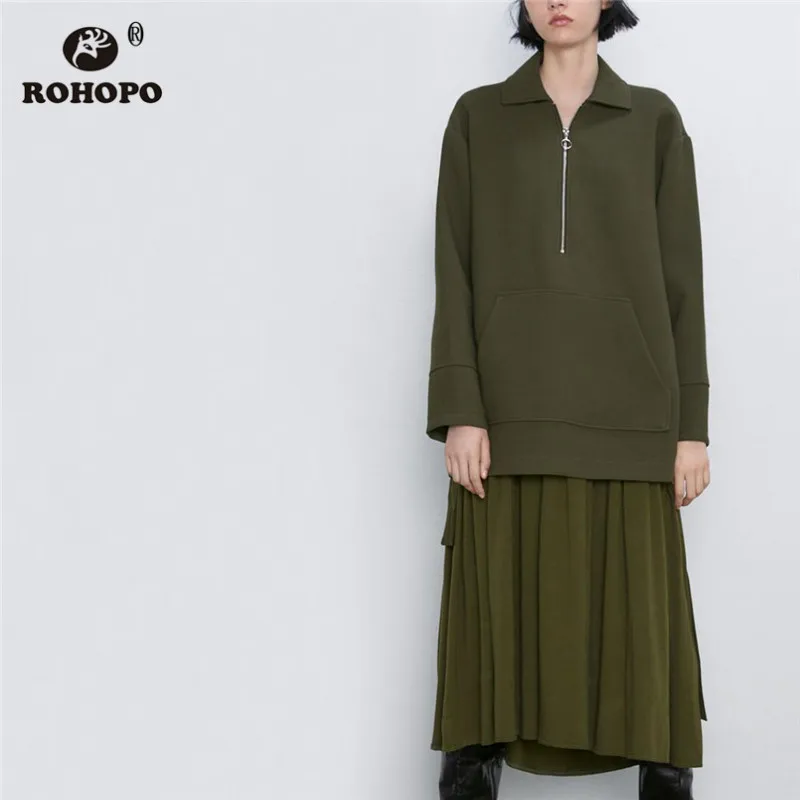 

ROHOPO Turn Down Collar Top Zipper Fly Army Green Pullover Jacket Front Pouch Pocket Loose Solid Outwear Autumn #8716