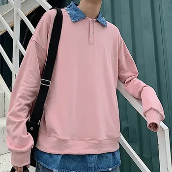 

Autumn Hoodies Men Fashion Denim Stitching Fake Two-piece Pullover Streetwear Hoodie Men Loose Hip Hop Sweatshirt Man Hoody