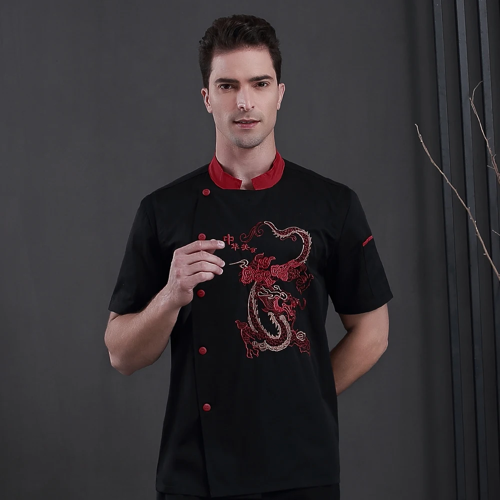 printing Stand Collar Short Sleeves Chef Uniform Barber Shop Catering Bakery Cafe Chef Coat Work Uniform apron chef clothes