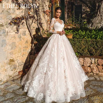 

ETHEL ROLYN Pink Long Sleeve Wedding Dresses 2020 Vestido De Noiva Romantic Appliques Button Illusion Princess Wedding Gowns New
