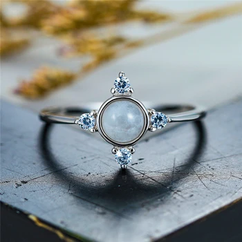 

Cute Female Small Round Moonstone Ring 100% Real 925 Sterling Silver Engagement Ring Vintage Wedding Rings For Women