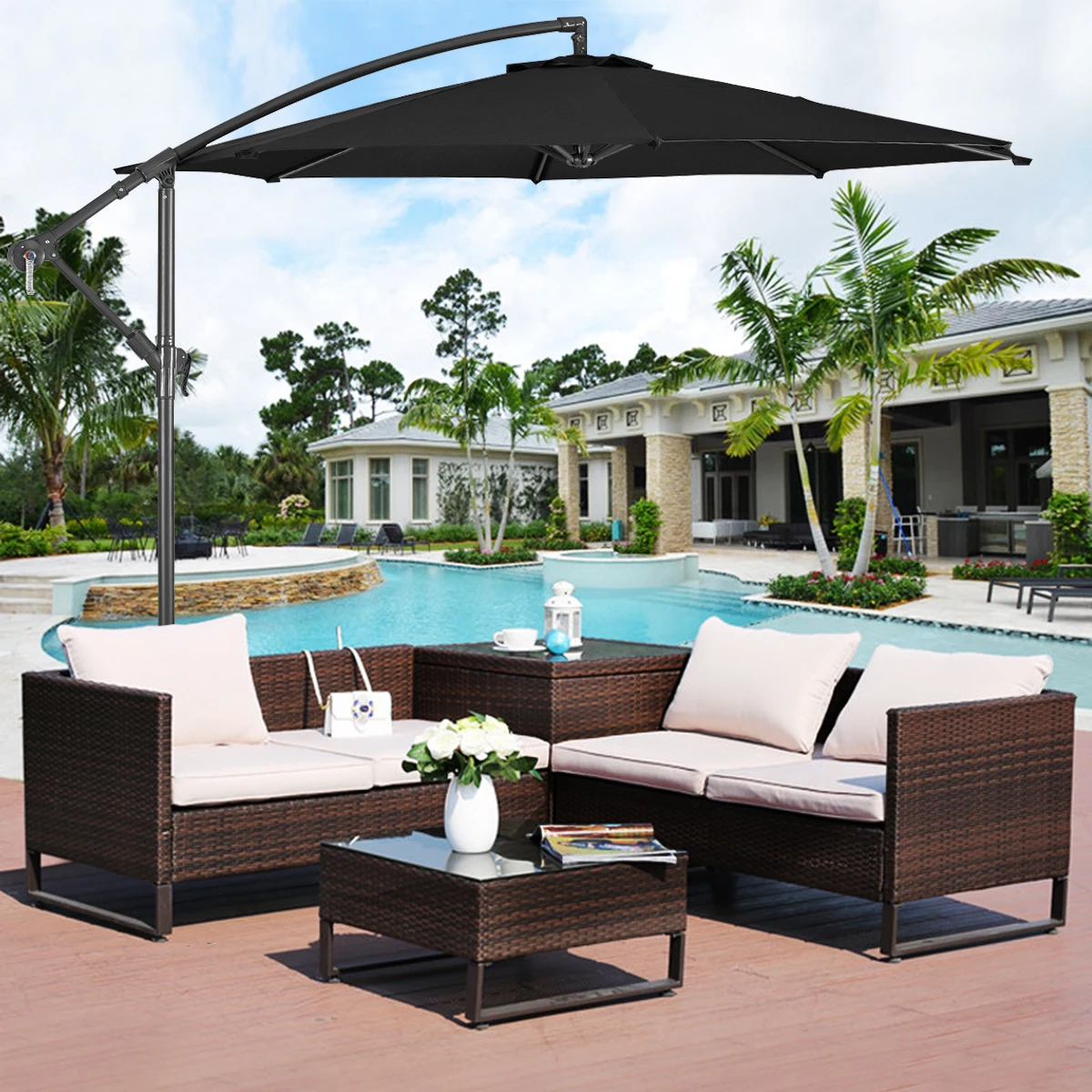 

10' Hanging Umbrella Patio Sun Shade Offset Outdoor Market W/ Cross Base Black