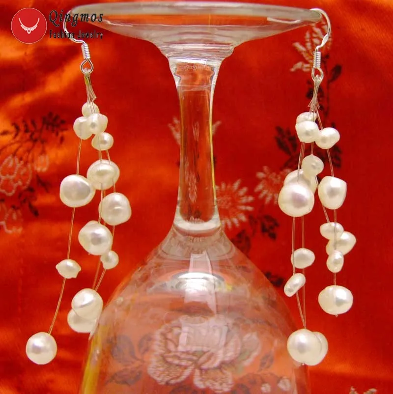 

Qingmos 4-7mm BAROQUE Natural Freshwater White Pearl Earring for Women with Starriness Earring Dangle Earring 4.5" Jewelry e475