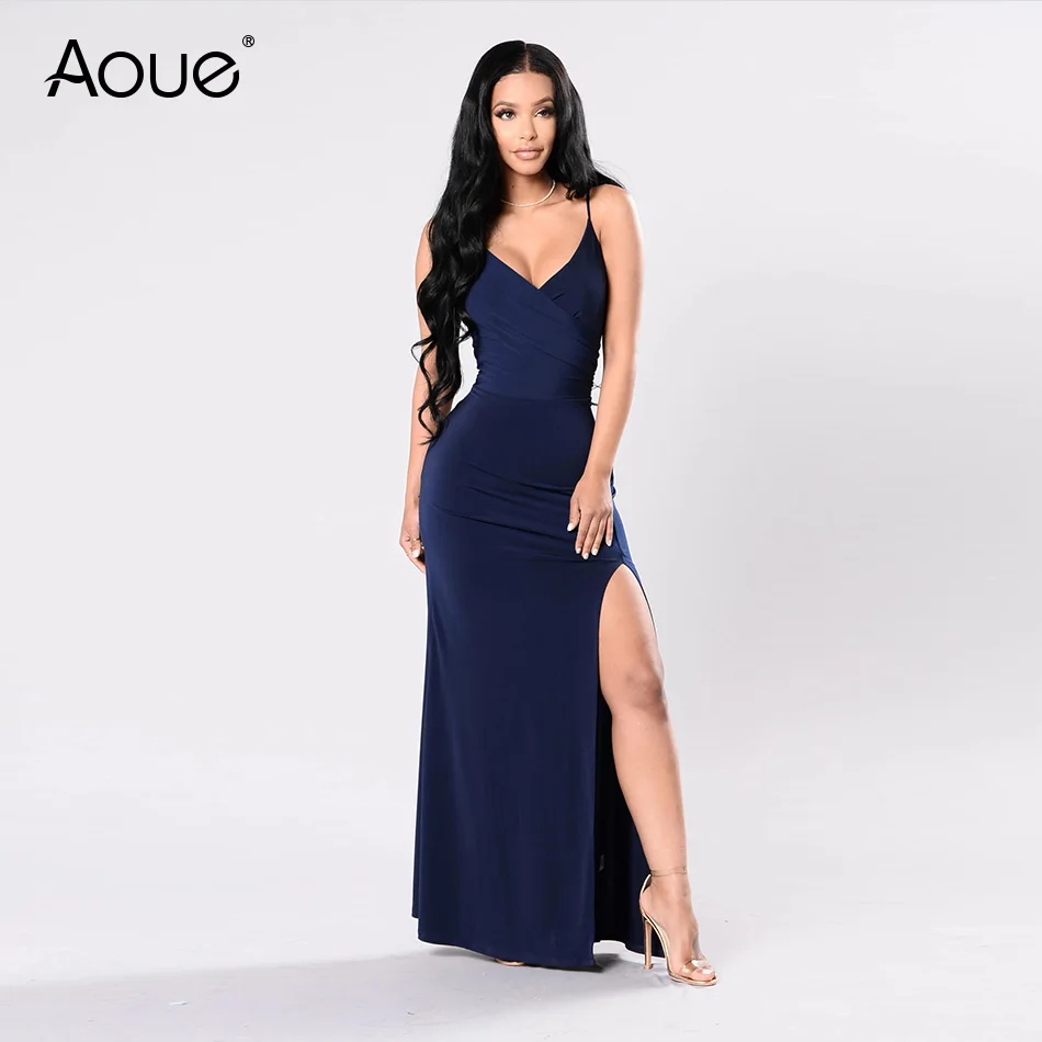 

Aoue Evening Prom Dresses Long 2019 Maxi Dress High Front Slit Surplice Top Deep Neckline