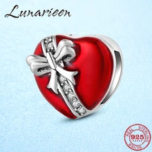 925 пробы серебристо-Красный Эмаль бант Сердце Клип сверкающие CZ Бусины Подходит для отражения браслет для женщин DIY ювелирные изделия